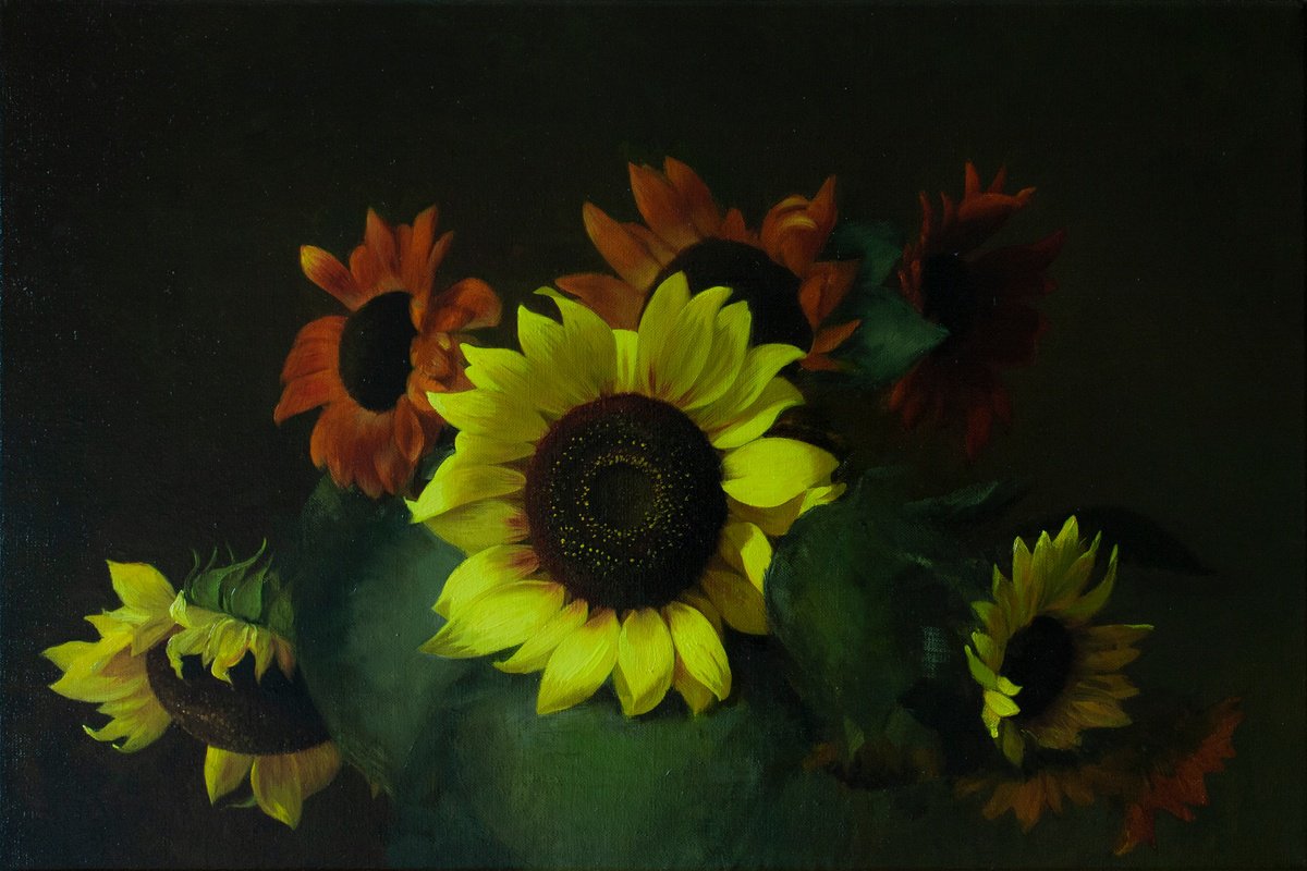 Photorealistic Still Life Oil Painting By Davit Davtyan, 24 X 16, Sunflowers, Original Artwork
