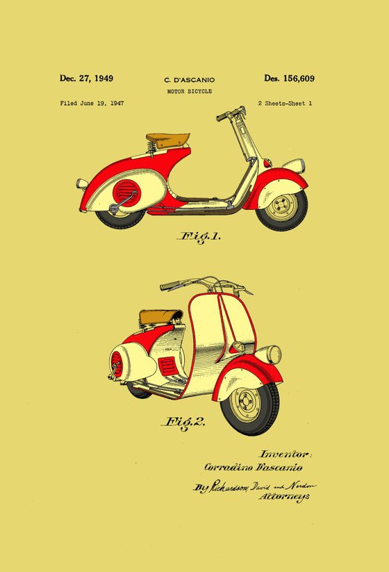 Motor Bicycle Patent - Circa 1949 - Red and Cream