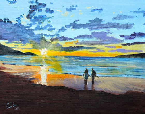 Holding hands at the beach sunset oil painting