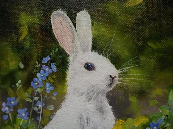White Rabbit with Blue Flowers