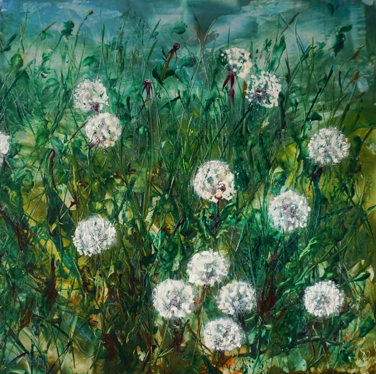 Expressive Botanical Painting By Dora Stork, 20 X 20, Whispering Wishes Ii., Original Artwork