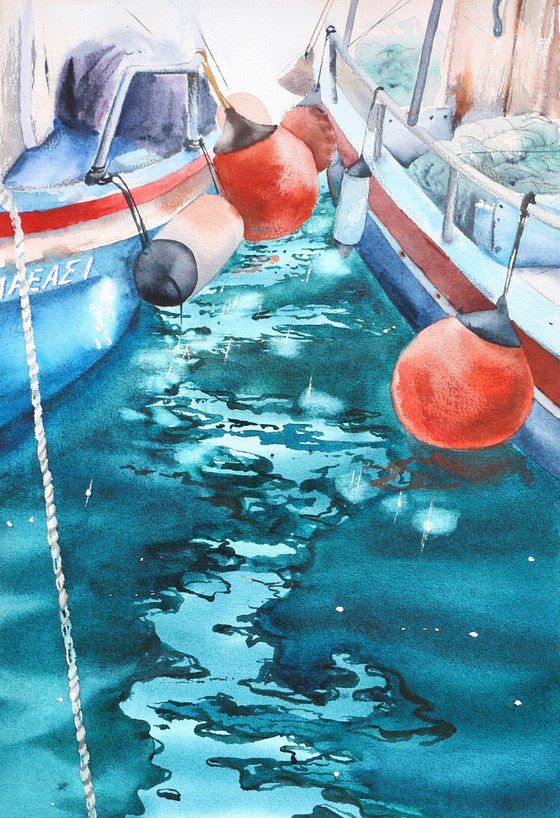 Reflections, boats and the sea. Original watercolor artwork.