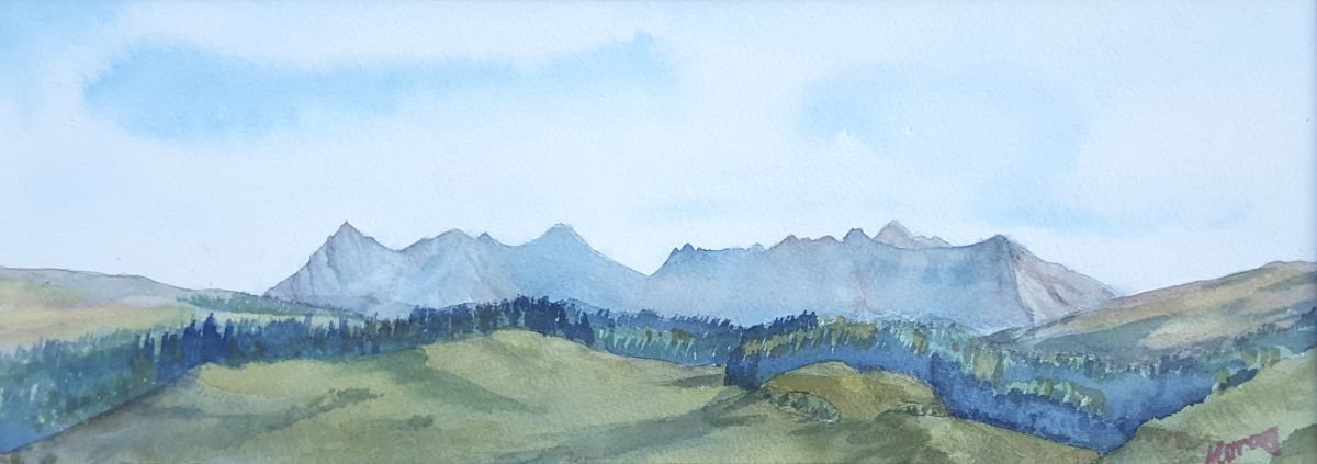 Impressionistic Watercolour , Evening Light Cuillin Ridge By Morag Paul, 24 X 10, Artwork For Sale On Artfinder