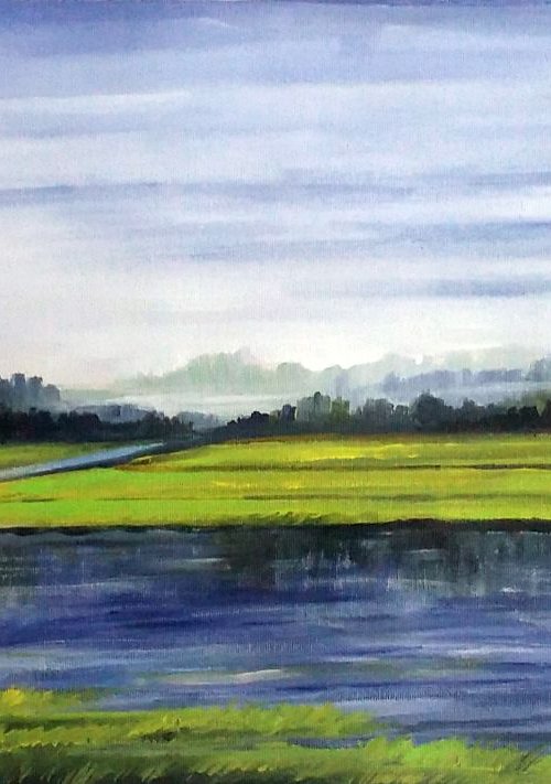 Winter Rural Cornfield & River - Acrylic on Canvas Painting by Samiran Sarkar