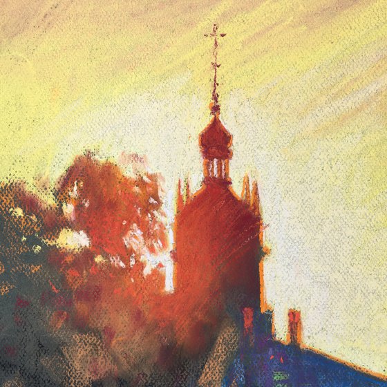 Light. Ukrainian city of Lviv. Soft pastel drawing 19.6x19.6 inch (50x50 cm)