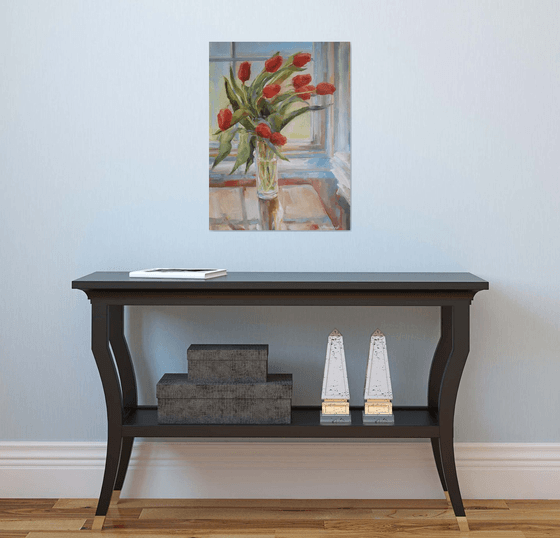 "Tulips", original one-of-a-kind, oil on canvas impressionistic style still life painting (18x24'')