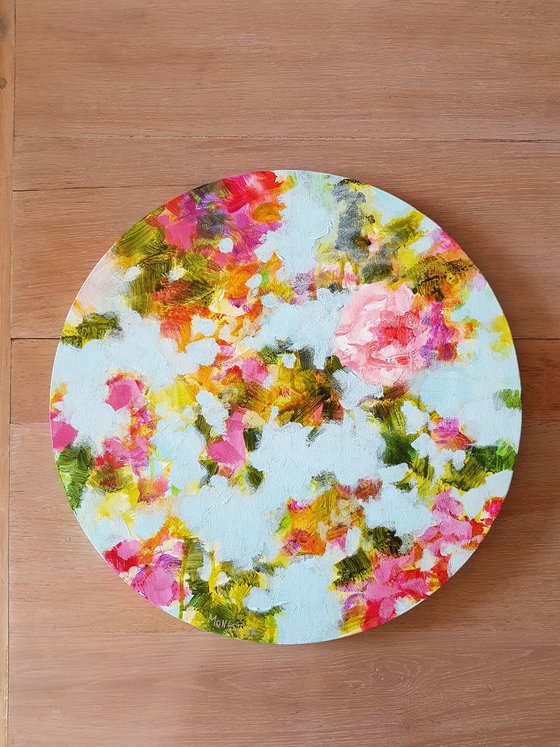 So charming - floral tondo - original flower roses painting on circular canvas