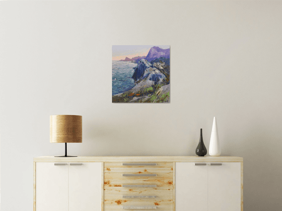 Ukrainian painting Sudak Crimea Mountains and sea landscape Soft pastel 19.6x19.6 inch (50x50 cm)