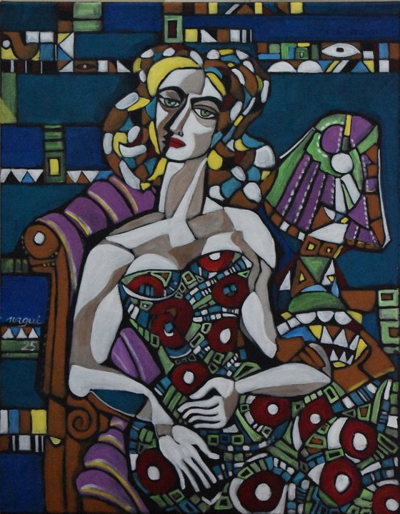 Seated model with table lamp