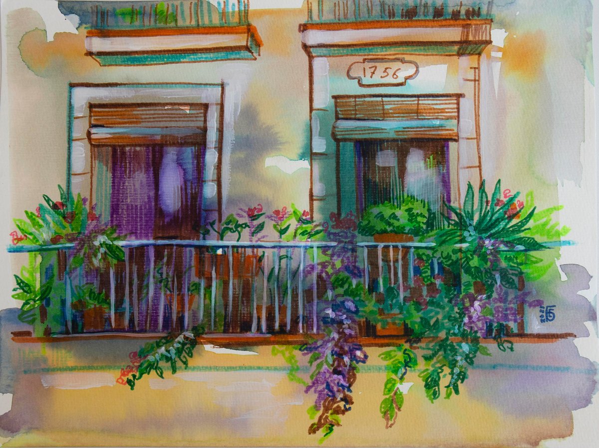 Illustrative Cityscapes Painting By Kateryna Bortsova, 13 X 9", Painting Of Barcelona Balcony, Original Artwork