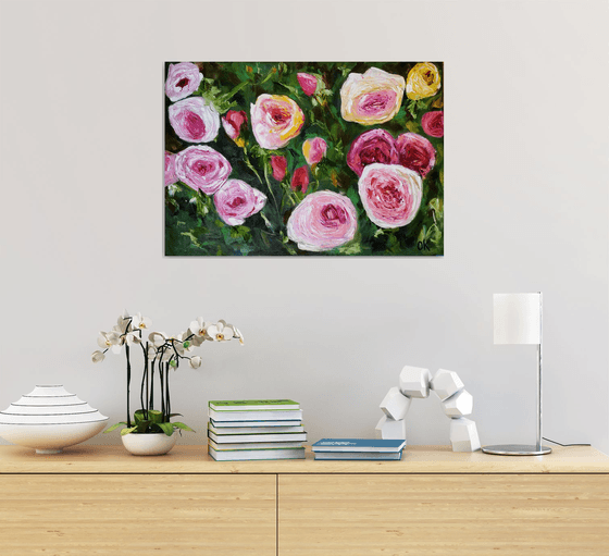 WHITE PINK YELLOW PURPLE  ROSES IN A GREENWICH GARDEN palette knife modern still life  flowers office home decor gift