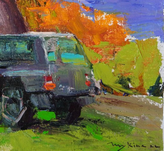 Landscape with car | Rest in autumn mountains| A la prima etude | Original oil painting