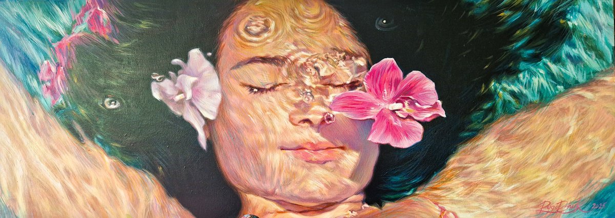 Photorealistic Portrait Acrylic Painting By Lesja Rygorczuk, 43 X 16", Whispers In Water, Original Artwork