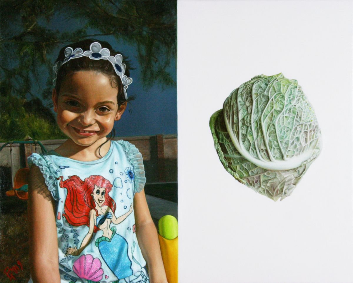 Photorealistic Portrait Oil Painting By Paolo Borile, 22 X 17", Bi-Painting - Sofia/A Savoy Cabbage, Original Artwork