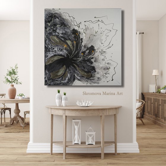 BLACK VEIL - Foil painting. Modern. Abstract. Gray shades. Hand-painted. Black. Flower. Textured. Golden leaf.