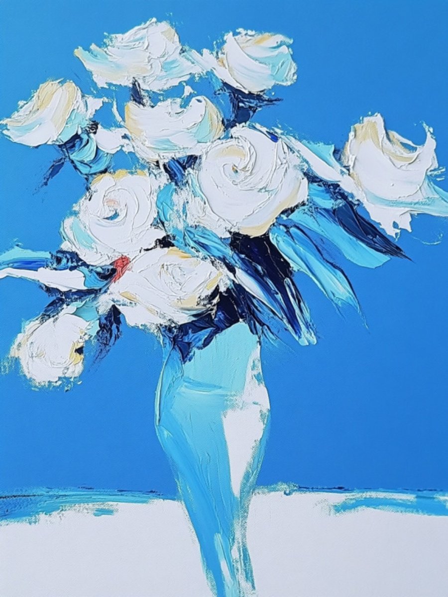 White Roses In A Blue Vase by Elena Avanesova