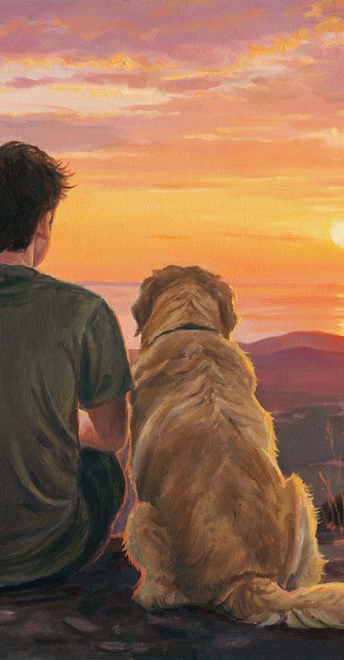 Boy sitting with a Golden Retriever dog by Lucia Verdejo