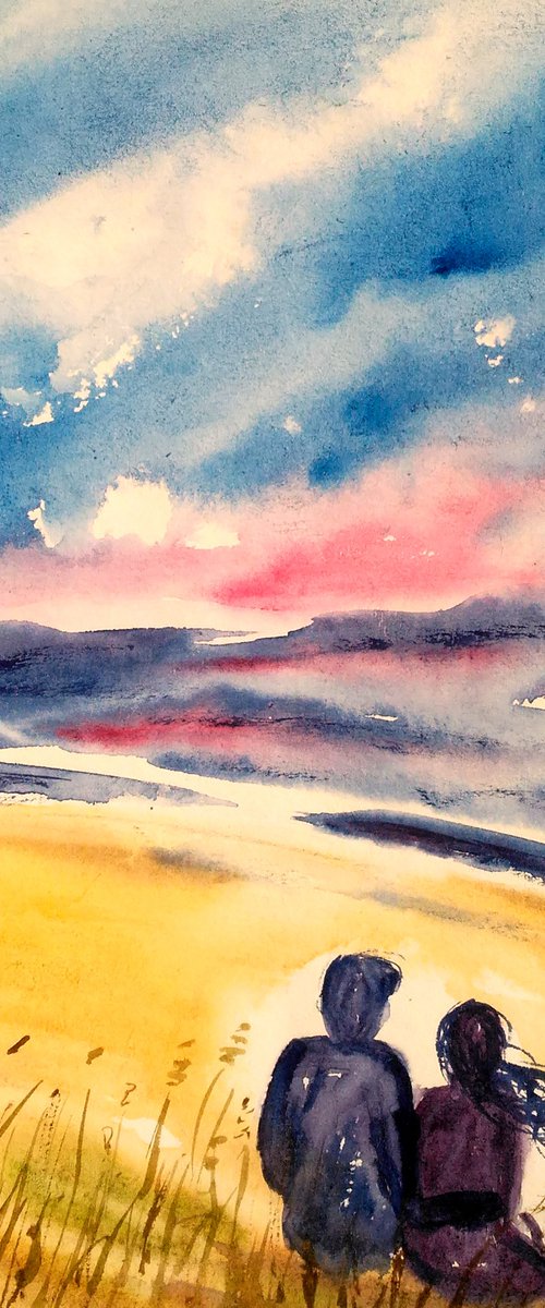 Couple Painting Beach Original Art Seascape Watercolor Ocean Artwork Small Home Wall Art 8 by 12" by Halyna Kirichenko by Halyna Kirichenko
