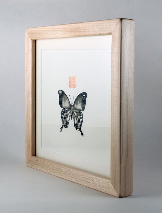 Swallowtail Butterfly / Intricate Ink Painting with Copper / Framed in a Maple Frame