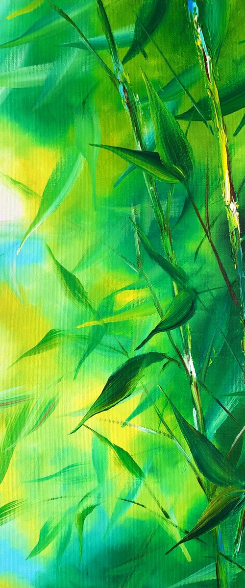 RUSTLE OF LEAVES - Bamboo thickets. Forest landscape. Nature of Asia. Green leaves. Abstract background. Jungle. Cane. by Marina Skromova