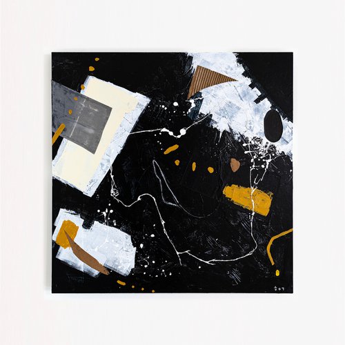 Black abstract with objects (40"x40" | 101x101 cm) by Hyunah Kim
