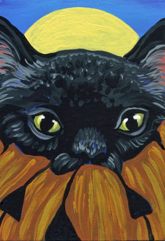 ACEO ATC Original Miniature Painting Halloween Pumpkin Pet Cat Art-Carla Smale