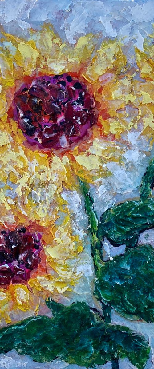 Sunflowers Painting Mixed Media Palette Knife Original Painting Modern Wall Artwork by Lena Owens at OLena Art