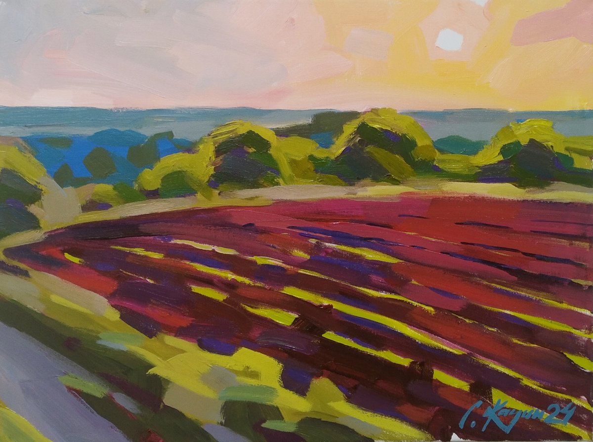 Impressionistic Landscape Acrylic Painting By Sergey Kachin, 24 X 18", Sunset, Original Artwork