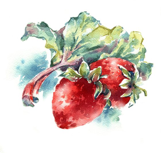 "Strawberry and rhubarb" from the series of watercolor illustrations "Berries"