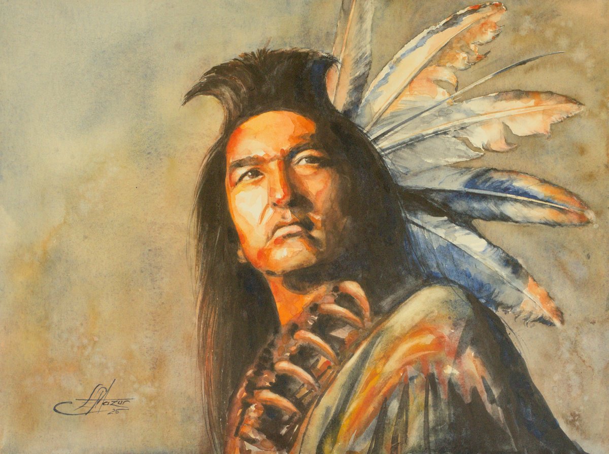 Impressionistic Portrait Watercolour By Eve Mazur, 16 X 12, Kicking Bird, Original Artwork