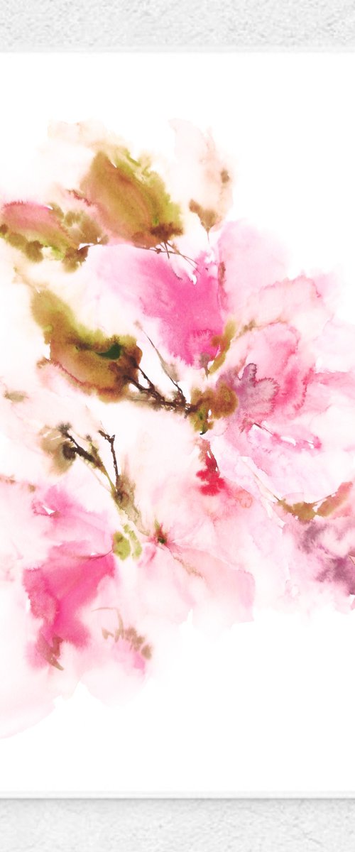 Abstract floral painting, loose flowers Sakura blossom by Olga Grigo