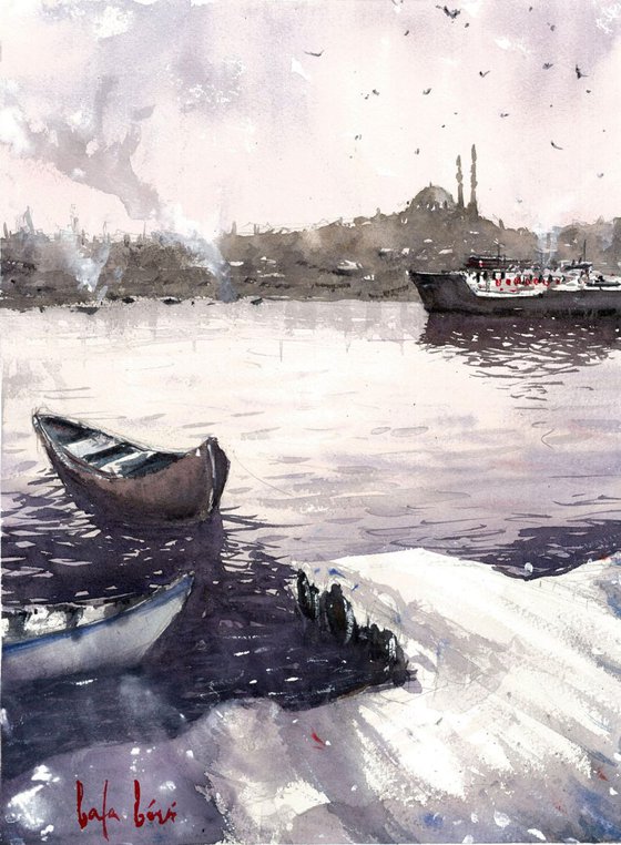 bosphorus original watercolor painting, istanbul