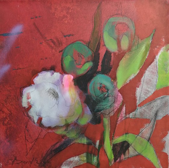 White peonies modern mixed media painting