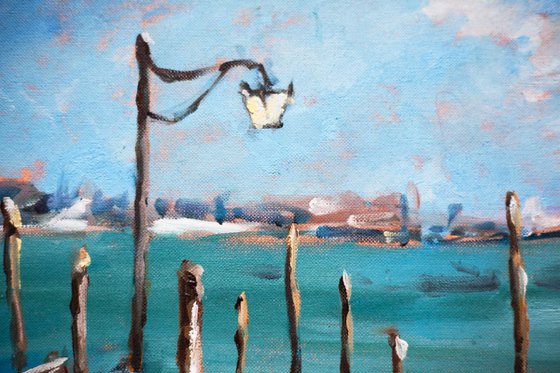 Venice. Gondolas parking. Original oil painting small size italy travel landscape view sea seascape romantic venezia boats trip interior decor gift blue calm