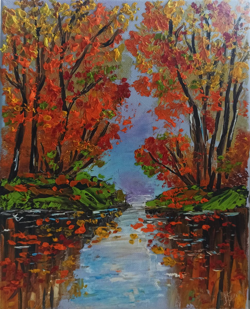 Impressionistic Landscape Oil Painting By Oksana Fedorova, 10 X 12", Autumn Pond, Original Artwork