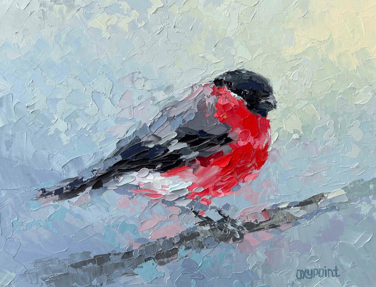 Impressionistic Animal Oil Painting By Oxypoint, 12 X 9", "Bullfinch", Original Artwork