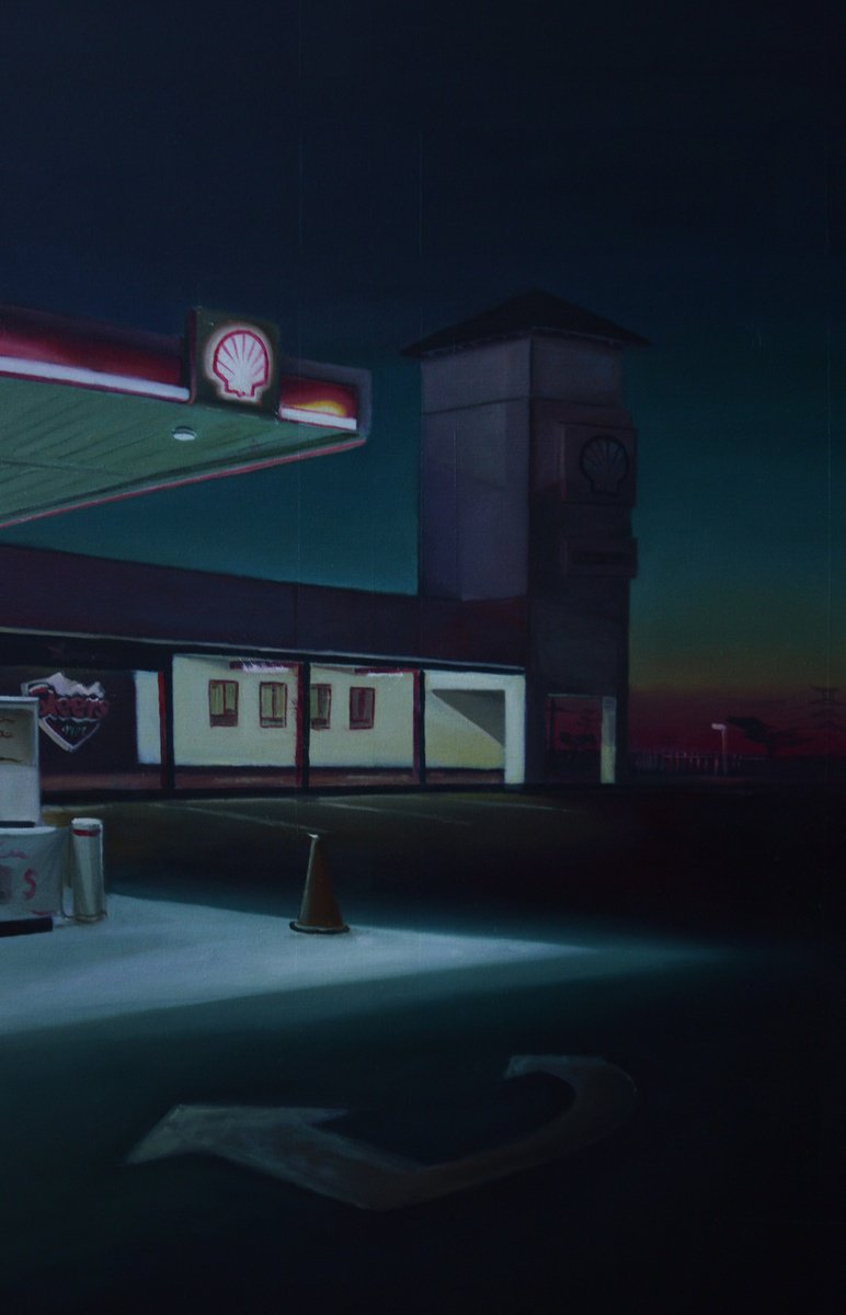 Photorealistic Cityscapes Oil Painting By Roman Sedlak, 20 X 39", Gas Station, Original Artwork