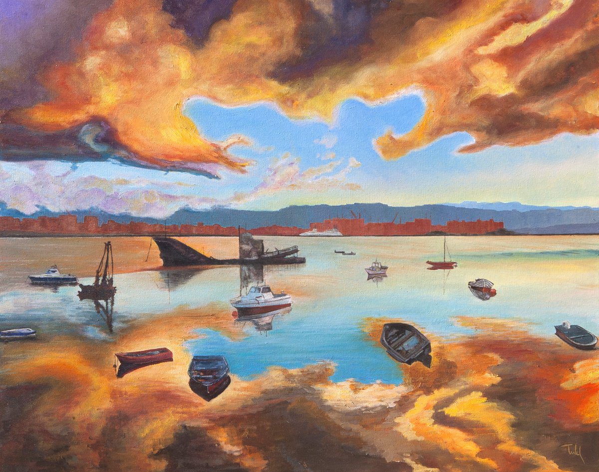Photorealistic Landscape Oil Painting By Isabel Robledo, 39 X 32, Sunrise Reflections, Original Artwork