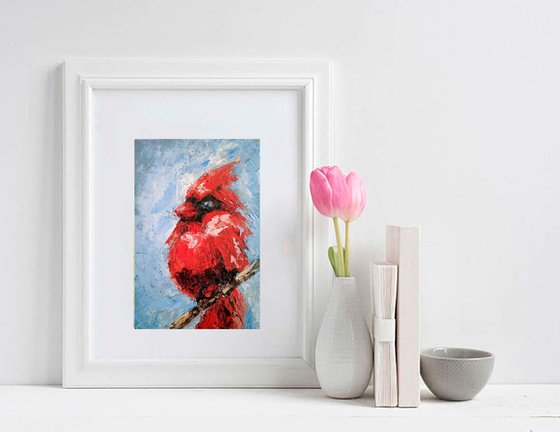 Cardinal Painting Original Art Red Bird Artwork Home Decor Small Wall Art