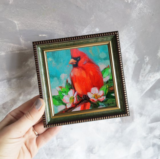 Cardinal red bird oil painting original, Small picture framed artwork 4x4, Bird wall art decor hanging, Gifts for mom