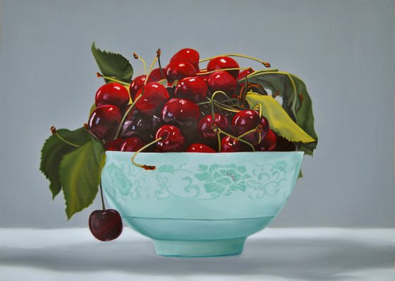 Cherries painting, Original oil on canvas realistic art, 40 x55 cm