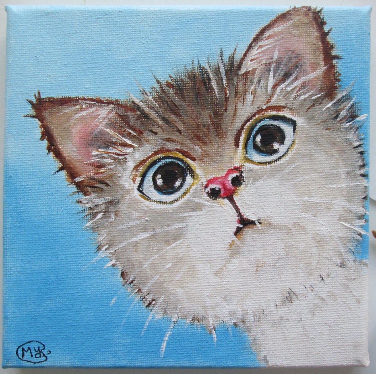 Impressionistic Animal Acrylic Painting By Marjansart, 6 X 6", Cute Kitten Cat Portrait, Original Artwork