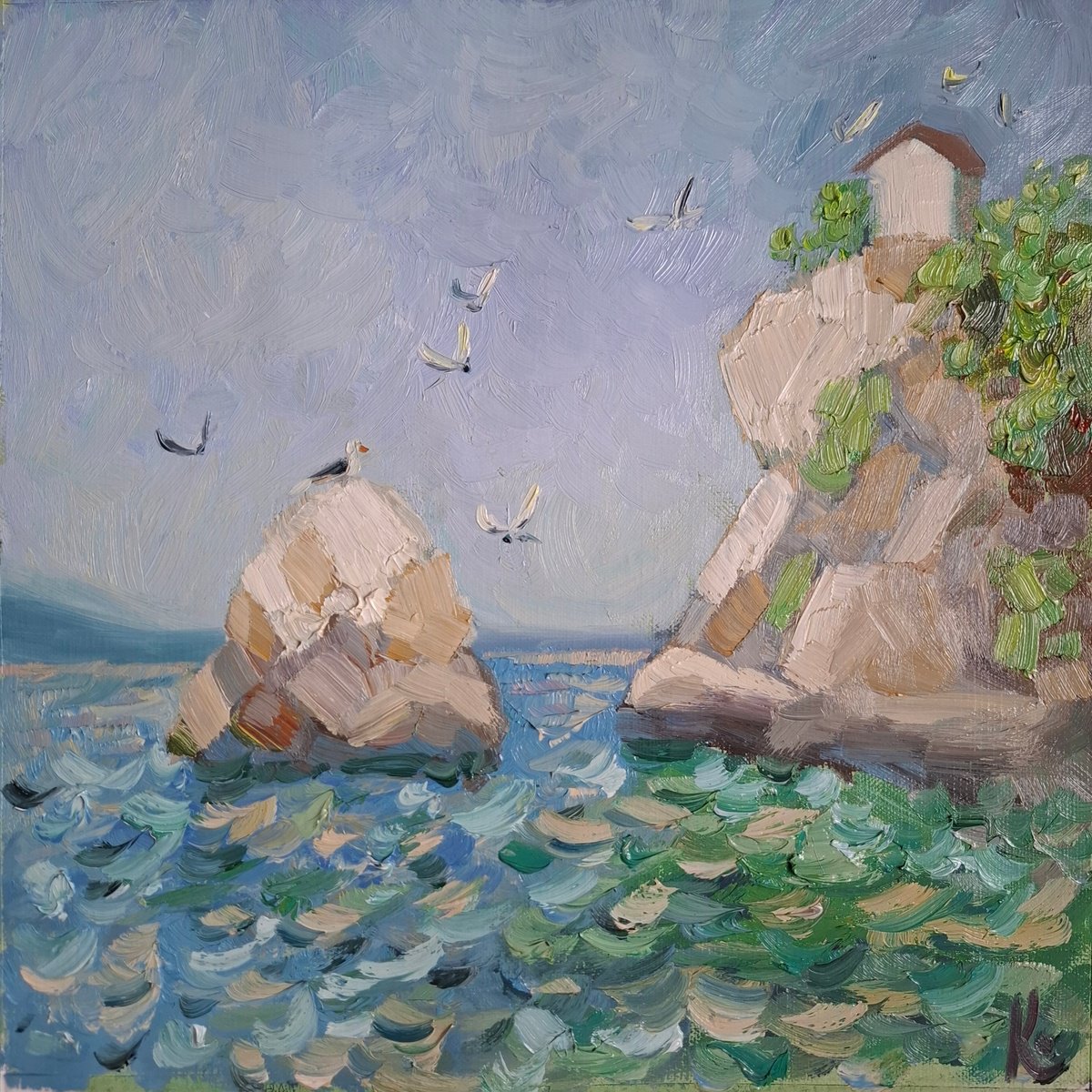 Impressionistic Landscape Oil Painting By Olena Kolotova, 12 X 12", Summer See "Sunny Day", Original Artwork