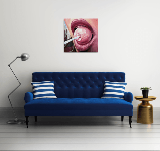 CHUPA CHUPS - original oil painting, pink, lips, gift, home decor, office decor, wall art,