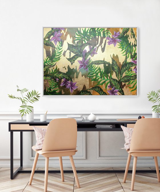 Tropical Forest Abstract Landscape wit Gold Leaf Large Original Artwork