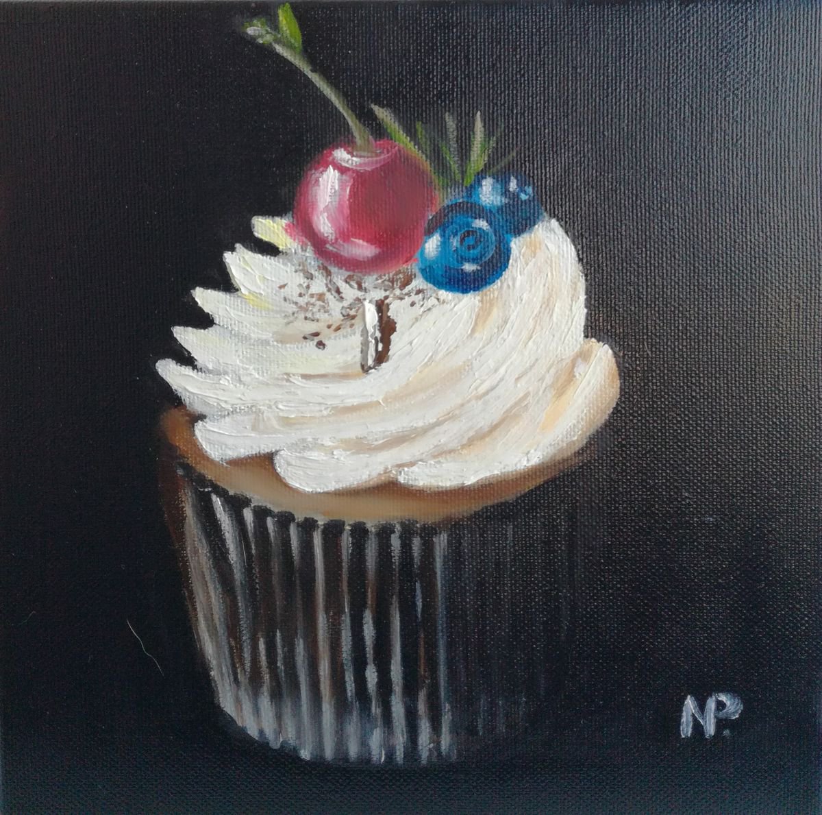 Cupcake, still life, sweet, food, original oil painting by Nataliia Plakhotnyk