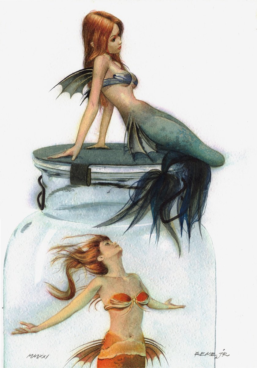 Photorealistic Portrait Watercolour By Reme Jr., 10 X 14", Mermaids In Jar Iii, Original Artwork