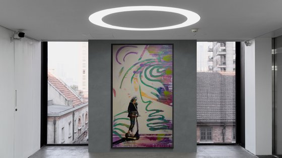 XXXL Super big painting - "Summer day" - Pop Art - Street - City - Girl - Scooter
