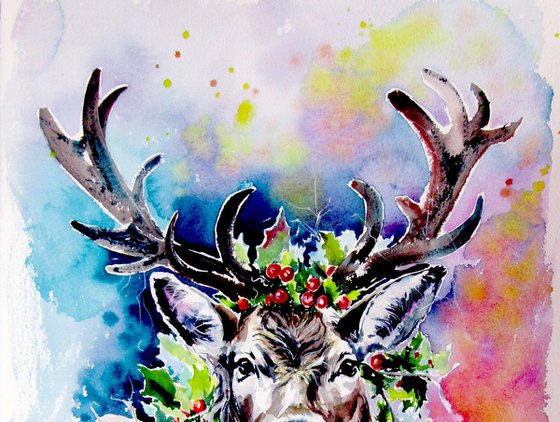 Deer with holly branch