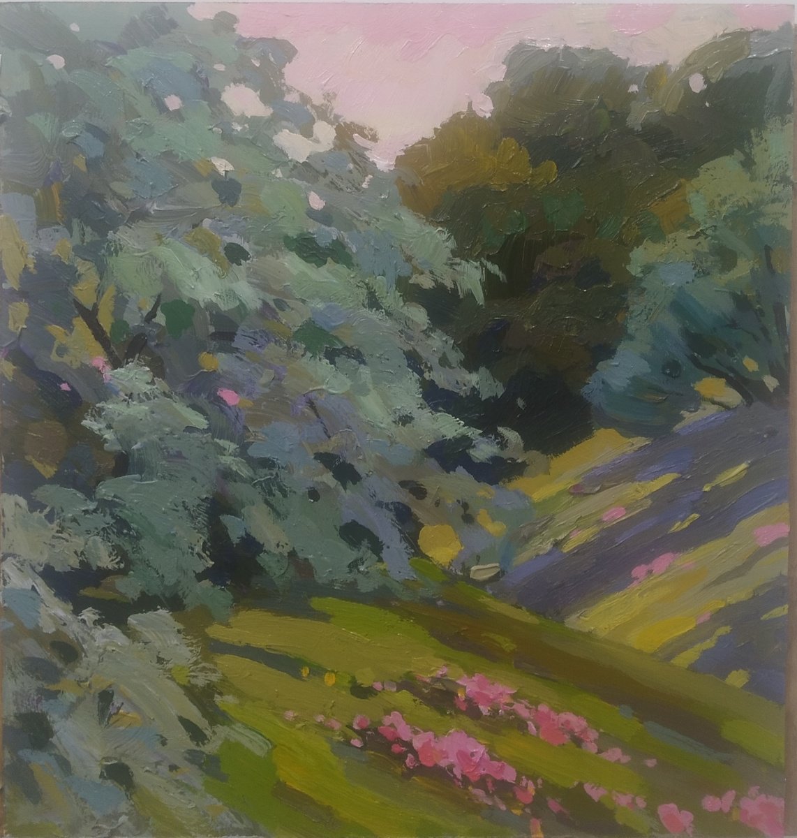 Impressionistic Landscape Acrylic Painting By Sergey Kachin, 17 X 19", Summer Etude, Original Artwork